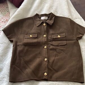 Elegant Brown Button-Up Shirt with Gold Buttons